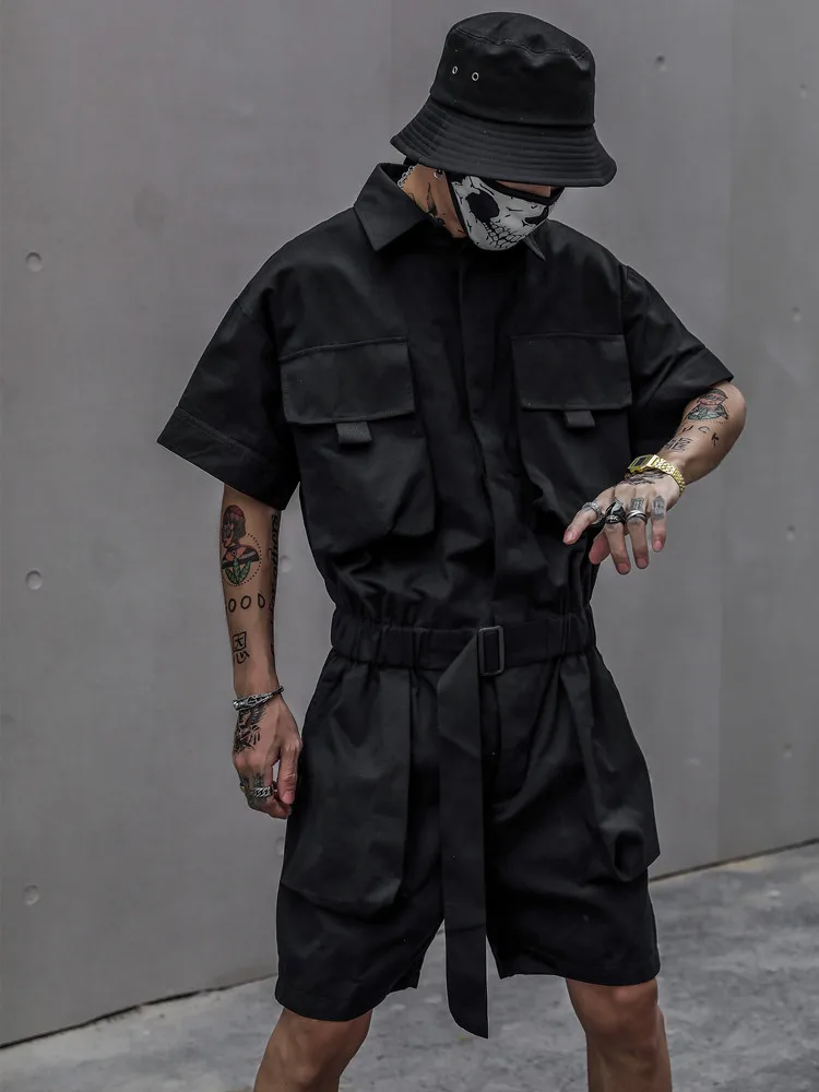 HOUZHOU Techwear krótki kombinezon dla mężczyzn czarne body kombinezony męskie zielone męskie japońska moda uliczna letnie kieszenie Hip-Hop