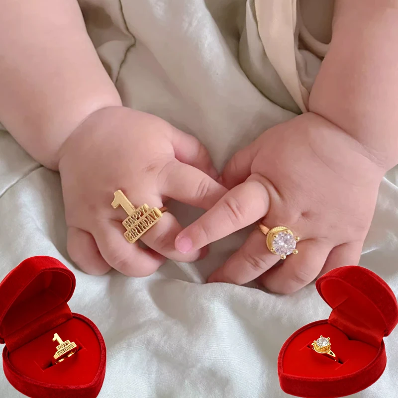 Infant 1st Birthday Photography Ring WITH BOX,Zircon Creative Baby Anniversary Gift -Happy Birthday Newborn Photo Prop,ニューボーンフォト