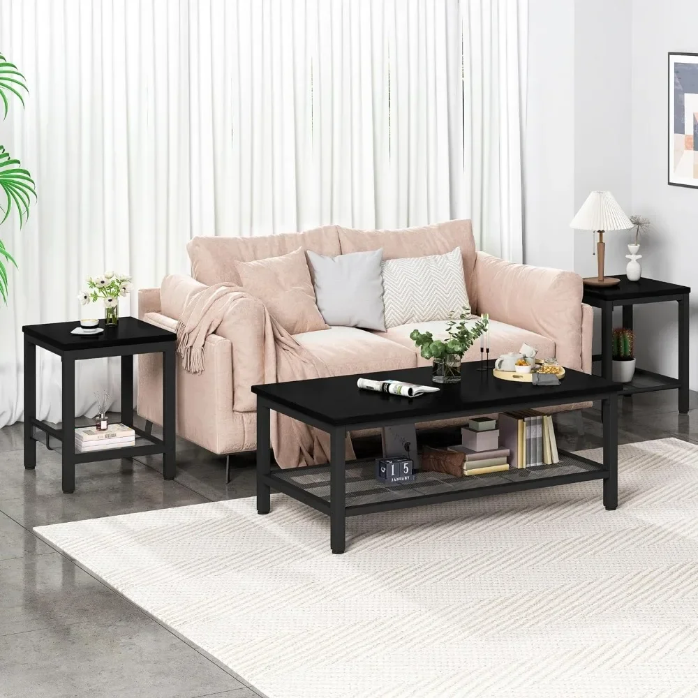 3 Pieces Living Room Table Set, Industrial Coffee Table with 2 Square End Side Tables, Coffee Table Set with Metal Frame