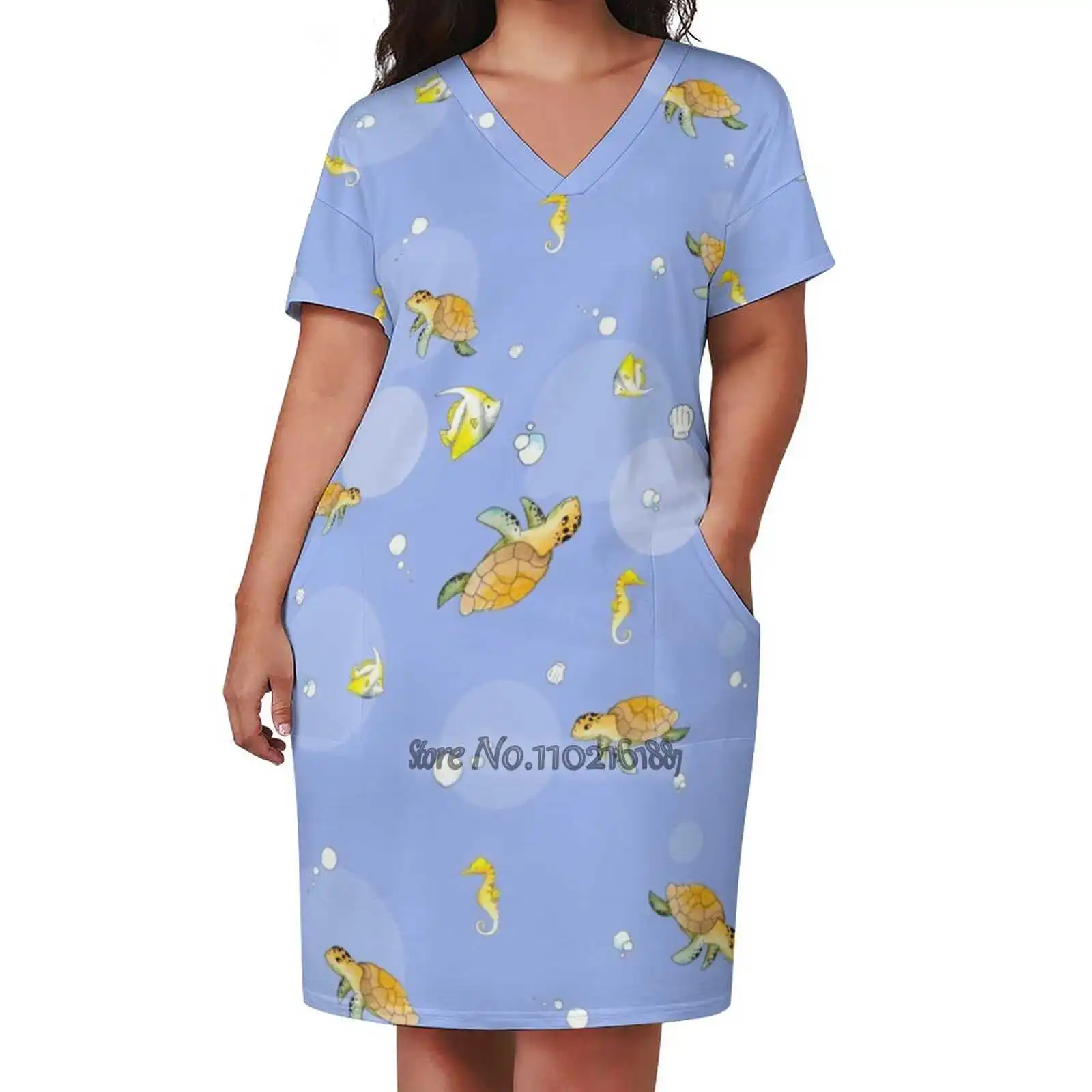 Underwater World Design Print Dress Short Sleeve V-Neck Fashion Skirt Thin Short Sleeve Skirts Sea Turtle Sea Turtle Fish Water