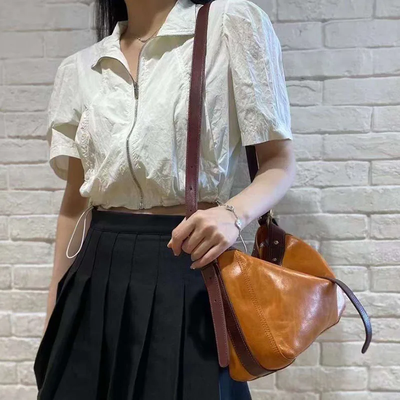 Women Contrast Color Leather Crossbody Bags Elegant Ladies Genuine Leather Shoulder Bag Casual Commuter Handbags Free Delivery