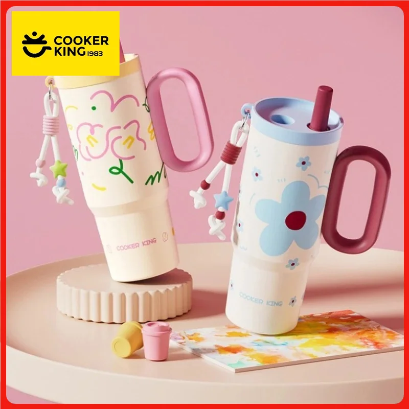 COOKER KinG 720ML Car Thermal Mug 316 Stainless Steel  Straw Insulated Ice Cup Tumbler with Handle Stylish Insulated Coffee Cup