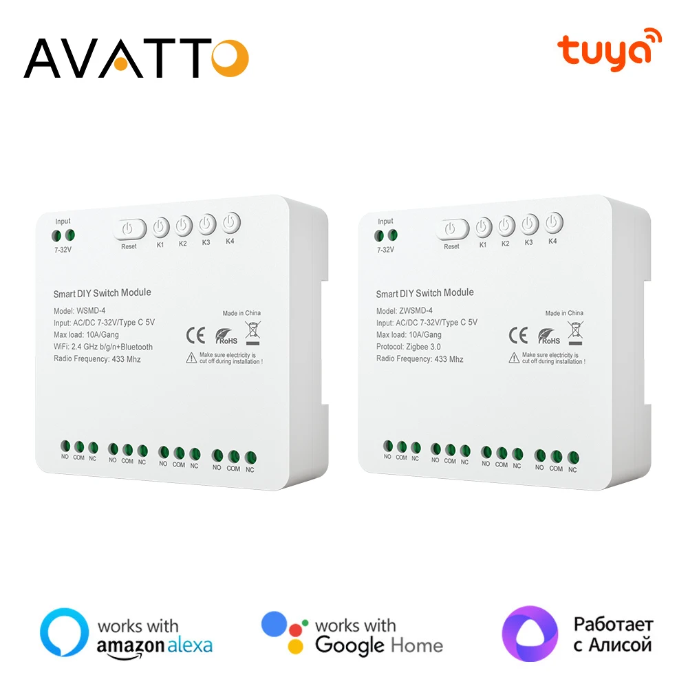 AVATTO Tuya WiFi/ZigBee 7-32V/85-250V RF433 Remote Control Relay DIY Module,4 Channels Switch Module,For Alexa,Google Home,Alice