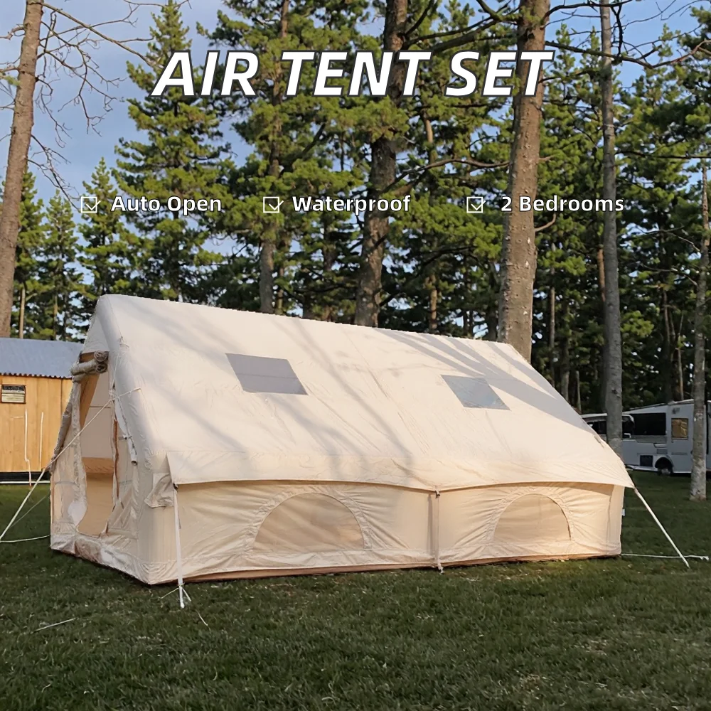 

STLF12㎡ A-Frame Glamping Tent Waterproof PVC & Oxford Fabric with Built-In Airbed Rattan Table Set for Family Camping Lakeside