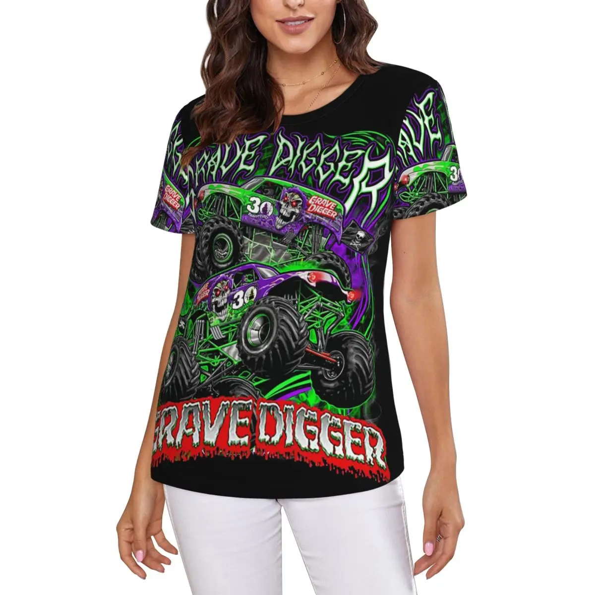 Camiseta Monster Jam Grave Digger Monster Truck para mujer, camisetas de manga corta, ropa con cuello redondo, camisetas de algodón para verano, ropa de calle