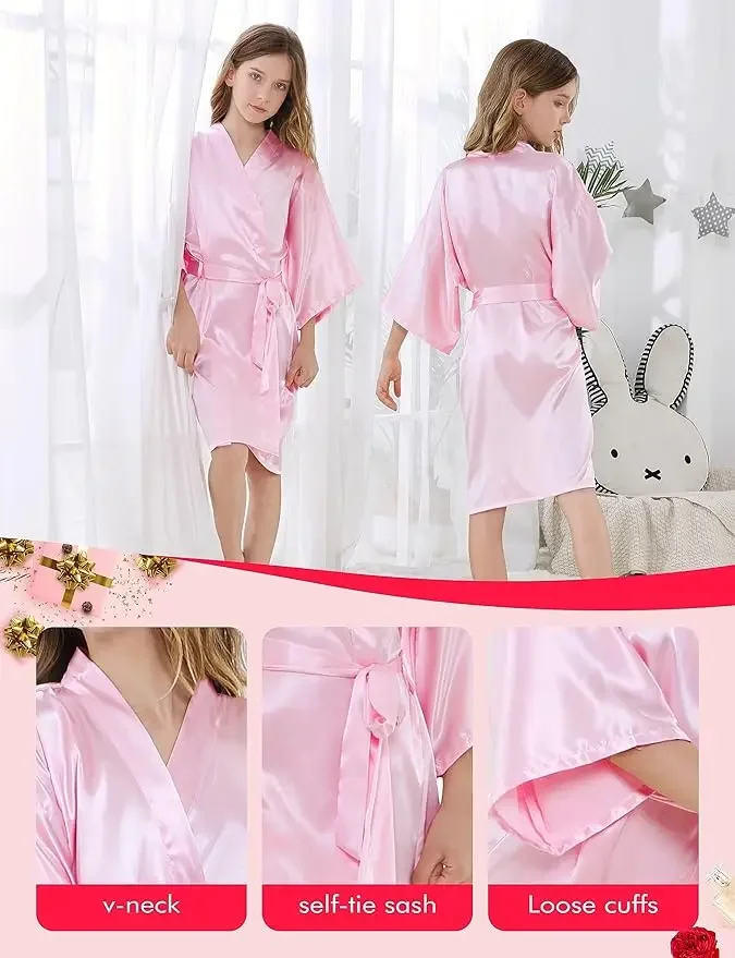6 Pieces Girls Kids Silky Satin Solid Color Short Kimono Robes for Wedding Birthday Party Spa