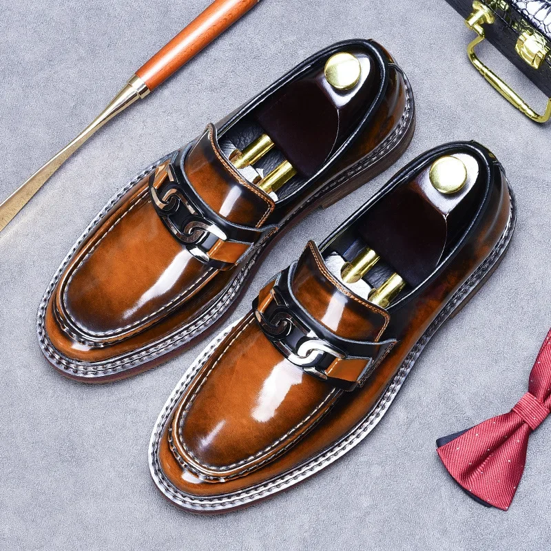 Men's Shoes Round Toe Metal Chain Thick Sole Loafers Genuine Cowhide Polybead Rubbed Color Business Formal British Casual Shoes