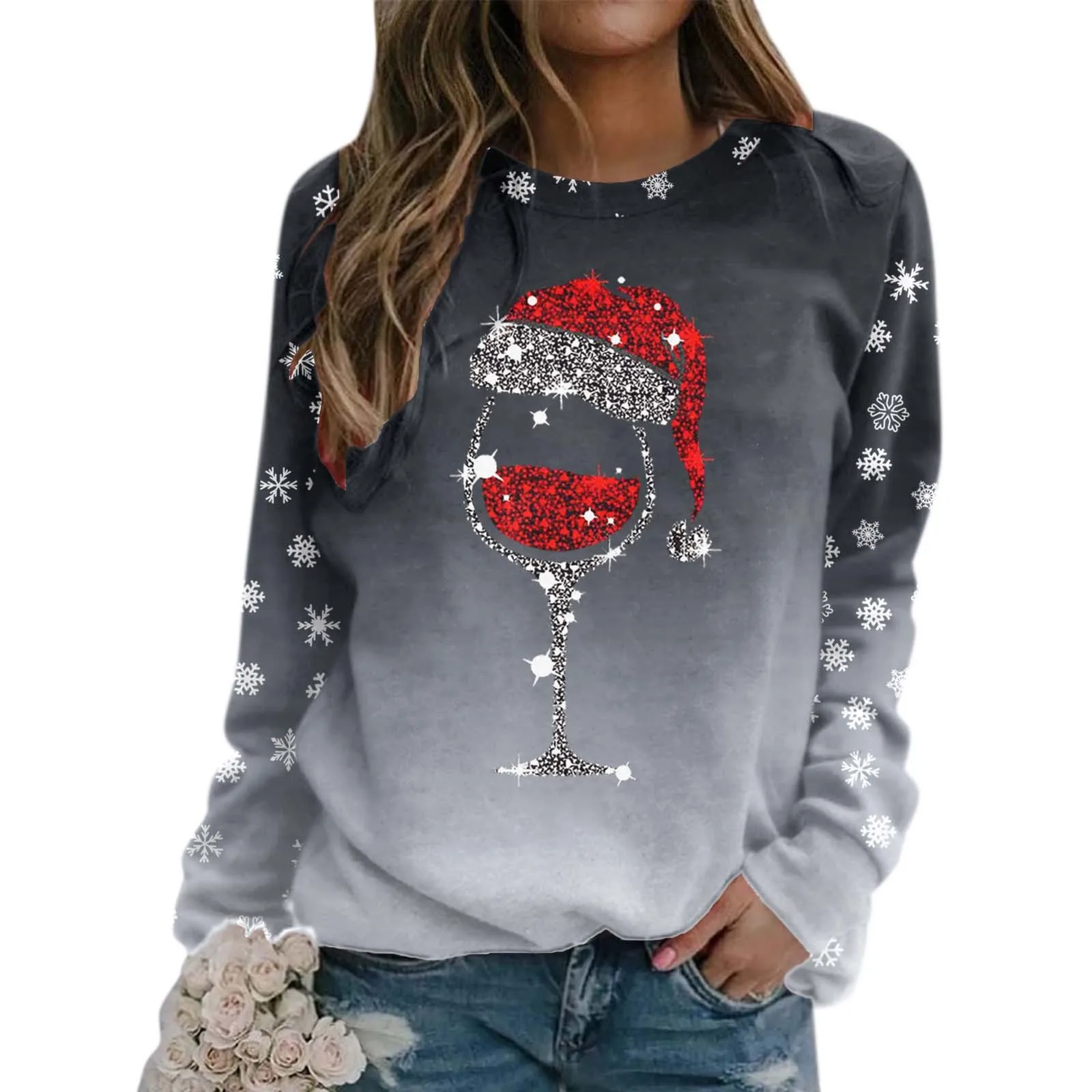 

Holiday Xmas Snowflake Wine Glass Print Sweatshirt New Year Christmas Sweatshirt Long Sleeve Round Neck Fit Pullover Tops