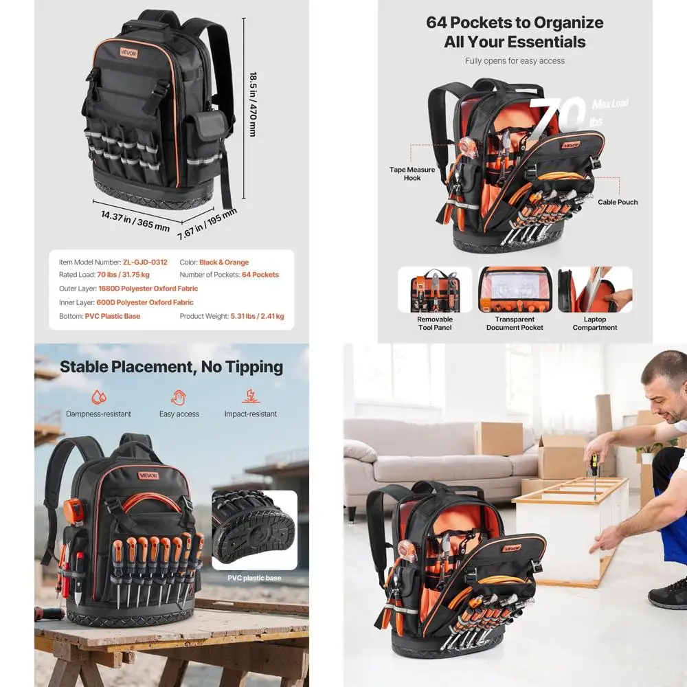 

Durable 64-Pocket Tool Bag with Laptop Section & Molded Base for Electricians, Repairers, and HVAC Professionals