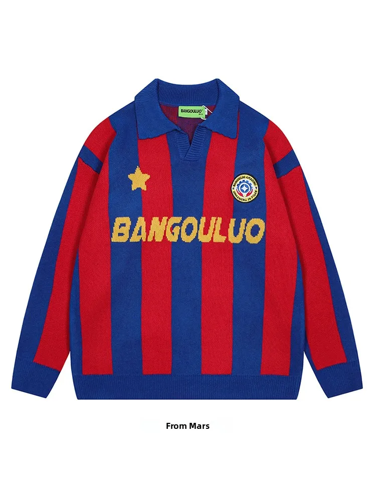 

Ретро-свитер в американском стиле с полосками и вышивкой букв на воротнике для пар, уникальная повседневная одежда для осени и зимы