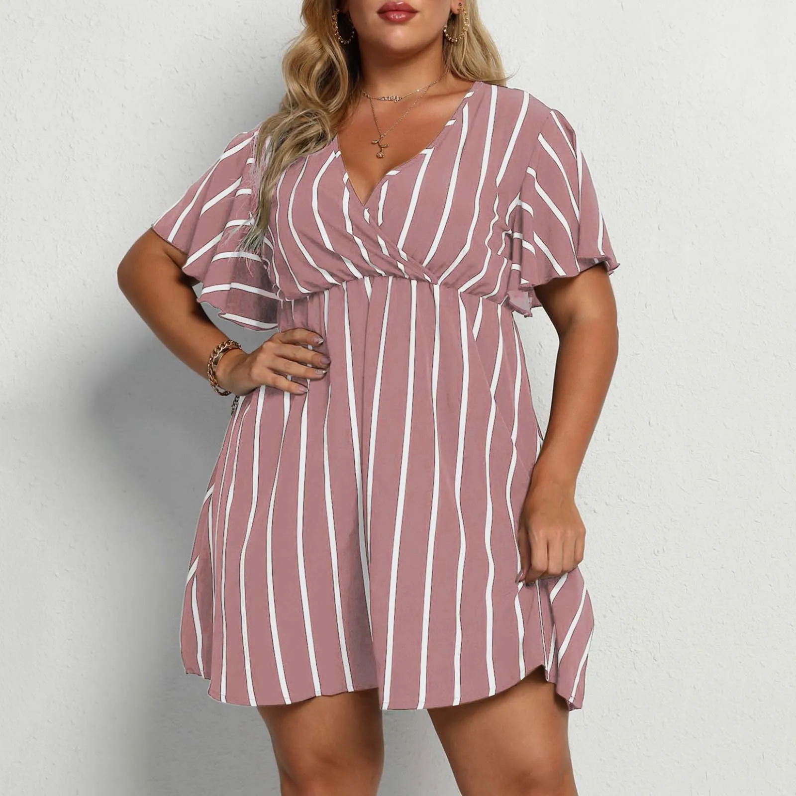 4XL 2024 summer Plus-size Striped V-neck Sexy Short-sleeved Waisted Casual Boho Dresses Women Clothing Mini Dress Streetwear 3XL