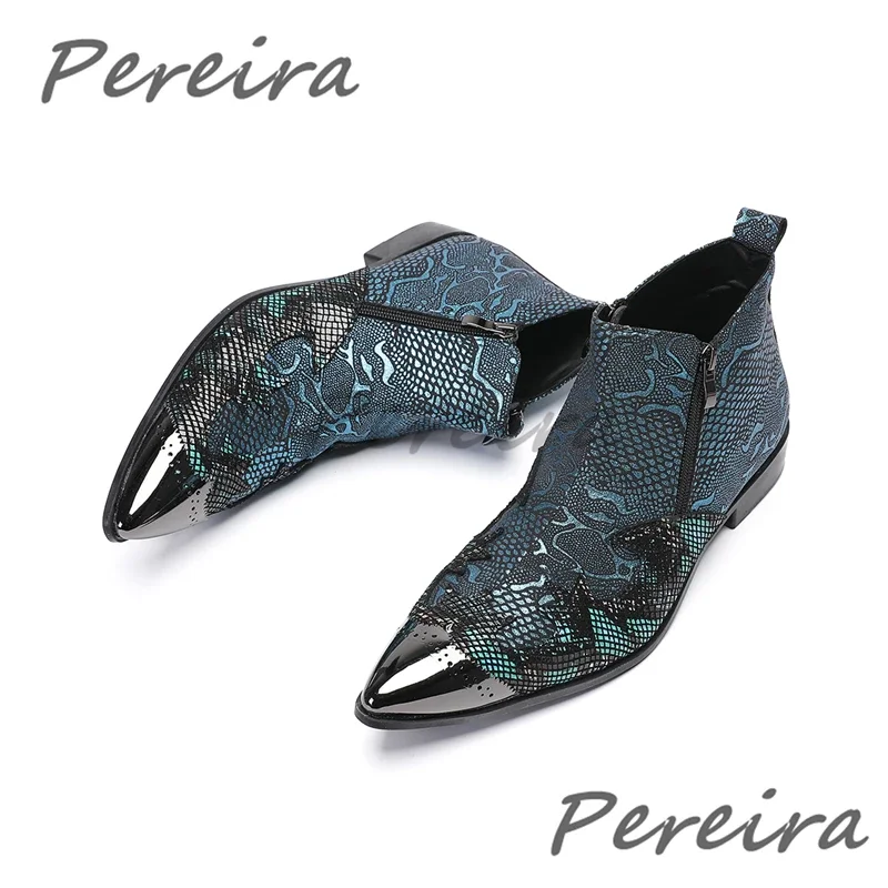 

Мужские короткие ботинки в стиле ретро со змеиным узором, ботинки челси из натуральной кожи с металлическим острым носком и молнией, мужские модельные туфли в британском стиле