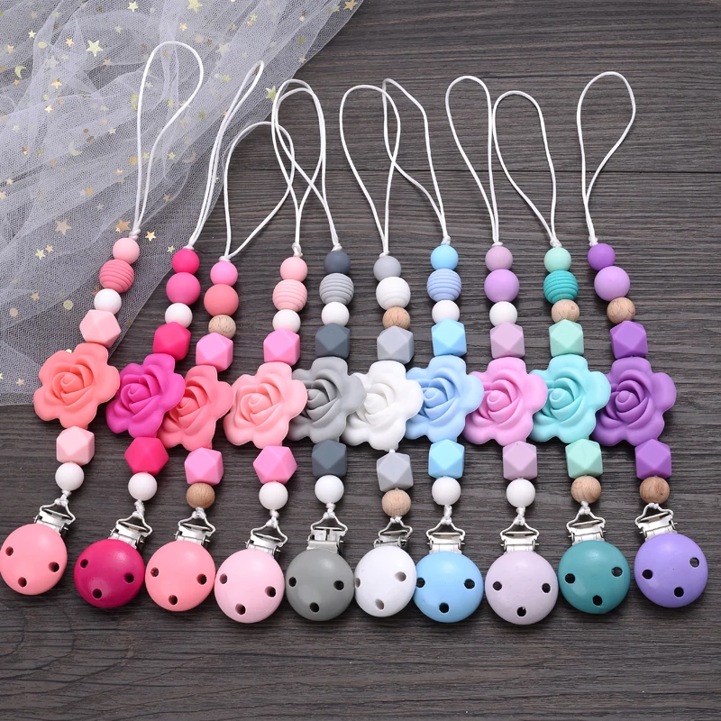 Baby Pacifier Chain Silicone Teether Pacifier Clips Wood Beads Infant Nipple Appease Soother Chain Clip Dummy Holder Nipple Clip