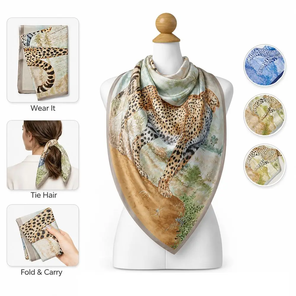 Gifts Leopard Print Square Scarf Animal Pattern 53cm Neck Scarf Lightweight French Style Bandana Scarf Hair Styling