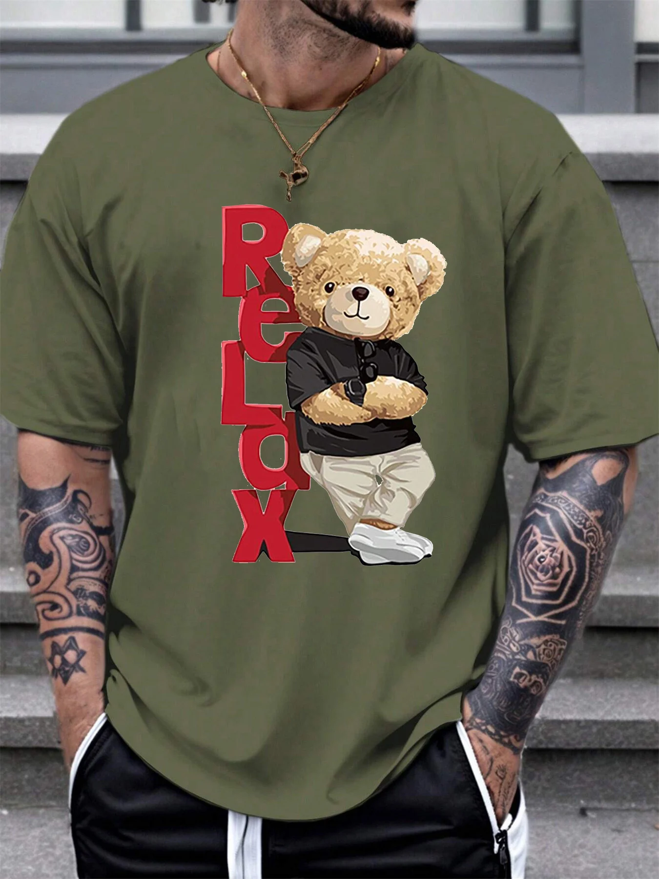 Men's Summer 100% Cotton Fashionable Casual Loose Large Size Letter Bear Printed Sports Round Neck Short Sleeve T-shirt Top image 4