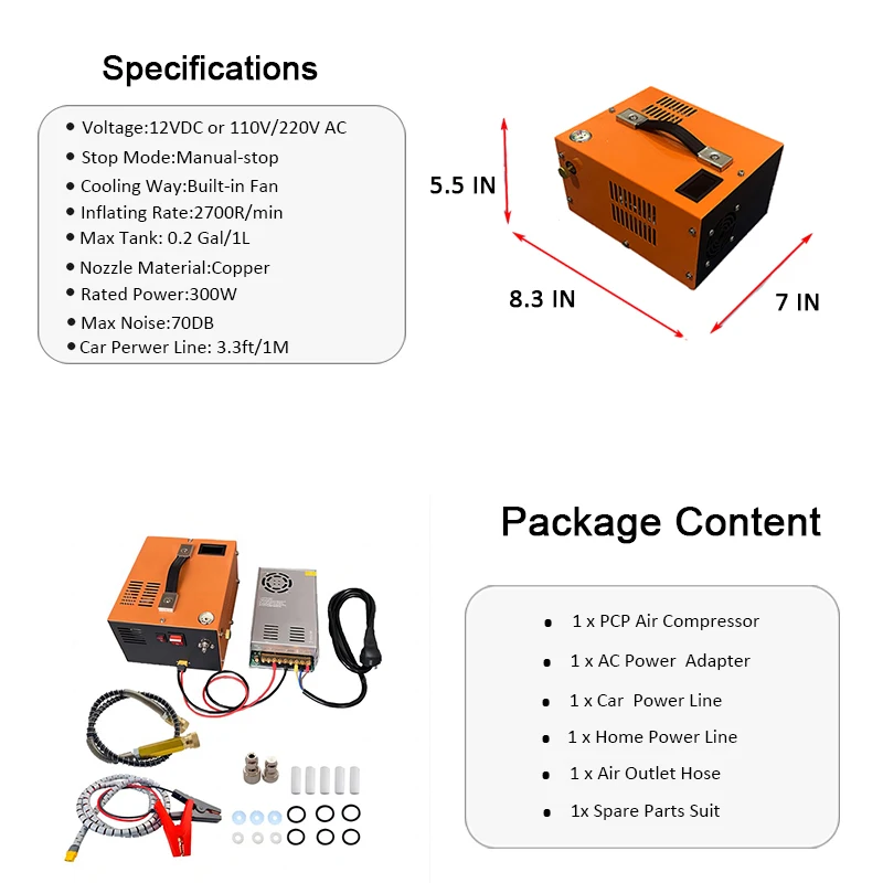 NUOGE 4500Psi 30Mbar PCP Air Compressor Pump 12V/110V/220V Power Oil/Water-Free High Pressure Apply To Diving Bottle