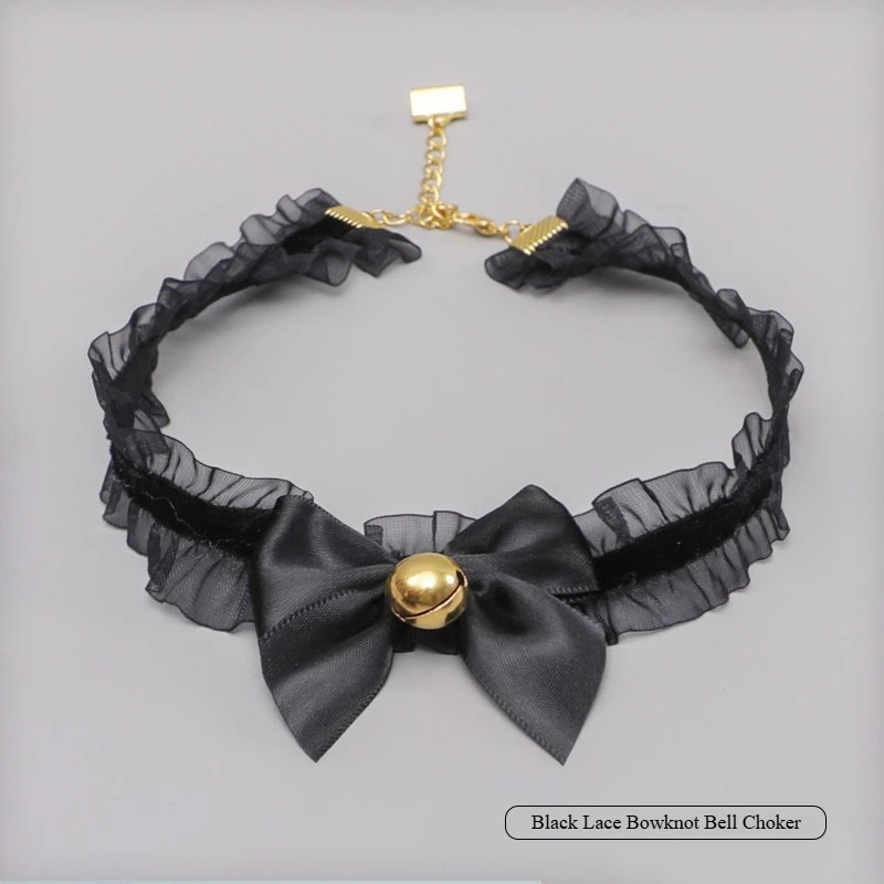 Lovely Lace Bowknot Bell Choker Fluffy Bow Tie with Bell Necklaces Kawaii Lolita Girl Sexy Neck Collar Cosplay Costume Accessory
