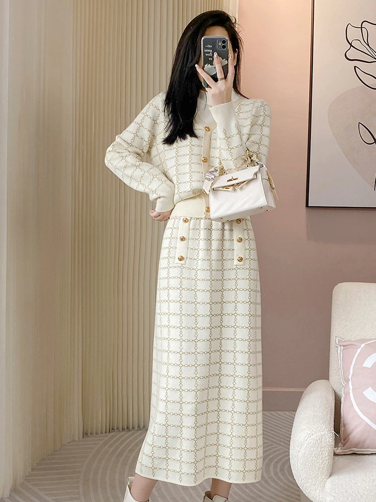 ZJYT Autumn Winter Geometric Patterns Knitted Sweater Skirt Sets Two Piece Womens Outfits Long Sleeve Vintage Dress Set Suits