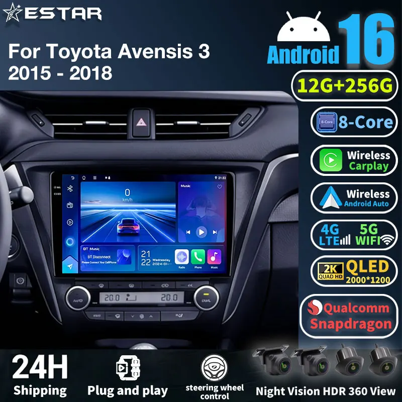 

Мультимедийный проигрыватель Android 16 для Toyota Avensis 3 2015-2018, автомобильная магнитола с GPS-навигацией, CarPlay, стерео и мультимедиа.