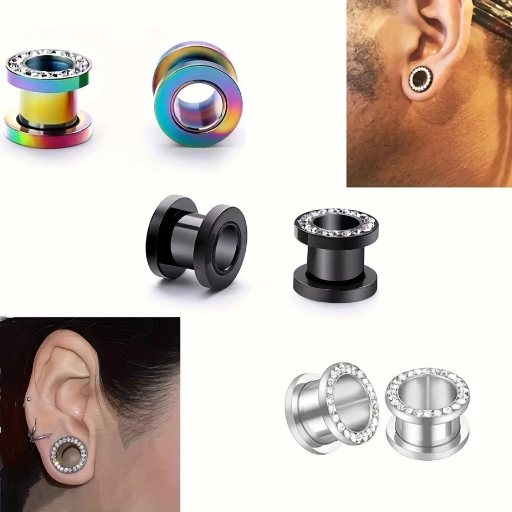 1 Pair Double Flare Stainless Steel Tunnel Specification Screw Gemstone Rhinestone Tunnel Plug Tensioner Jewelry 8G-5/8"