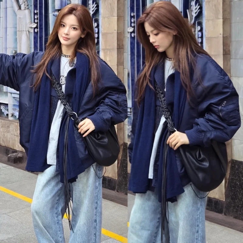 

Blue Thiened Cotton Jaet for Women Retro Pilot Sle Baseball Outfit Couple High Street Faion Winter Commute Loose Fit