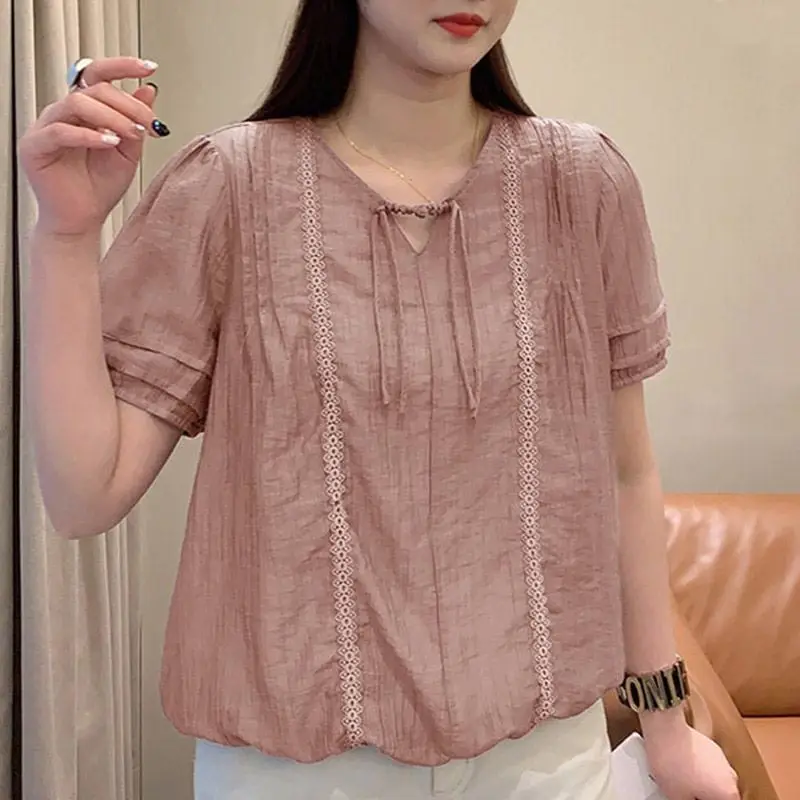 

Женская летняя новая блузка свободного кроя с завязками спереди и пэчворком, милая повседневная модель