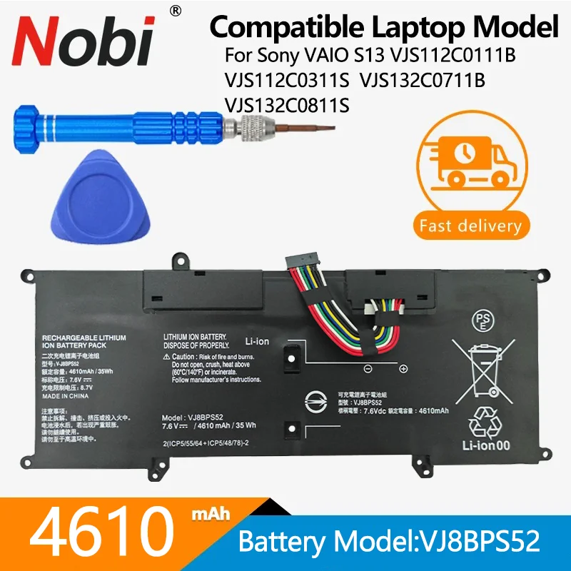 NOBI-Bateria do portátil para Sony VAIO, VJ8BPS52, 7.6V, 35Wh, 4610mAh, S13, VJS132C0711B, VJS132C0811S, VJS112C0111B, VJS112C0311S, Novo