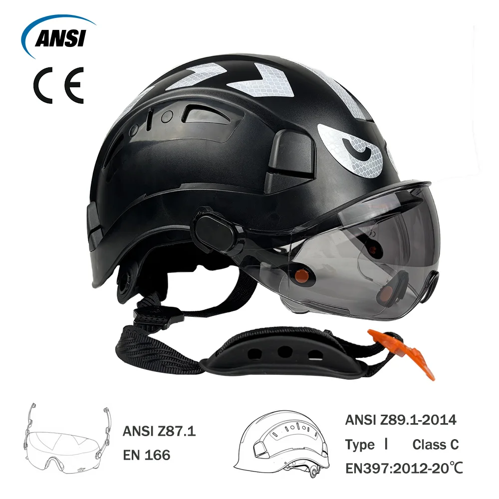 خوذة أمان البناء CE مع نظارات مدمجة غطاء للأذنين ملصقات عاكسة قبعة صلبة مع قناع قابل للتعديل بفتحات تهوية ABS