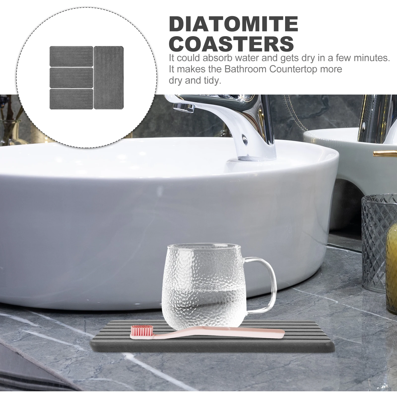 

4 Pcs Diatomaceous Absorbing Mat 21x10cm Dark Grey Bathroom Sink Tray Kitchen Counter Drying Soap Holder Mud Cup Pad