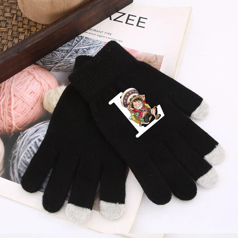 One Pieces Kids Five-finger Gloves Anime Luffy Zoro Chopper Knitted Gloves Winter Warm Touch Screen Glove Girl Boy Birthday Gift