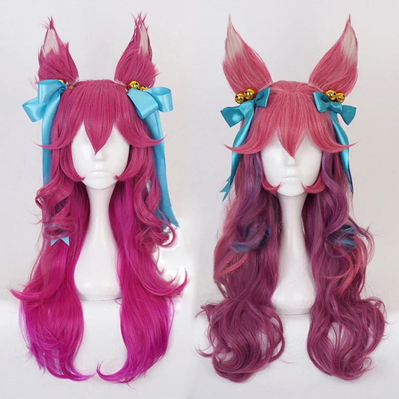 Game LOL Spirit Blossom Ahri Cosplay Wig Gradient Long Wave Curls Heat Resistant Synthetic Hair Halloween Party Wigs + Wig Cap