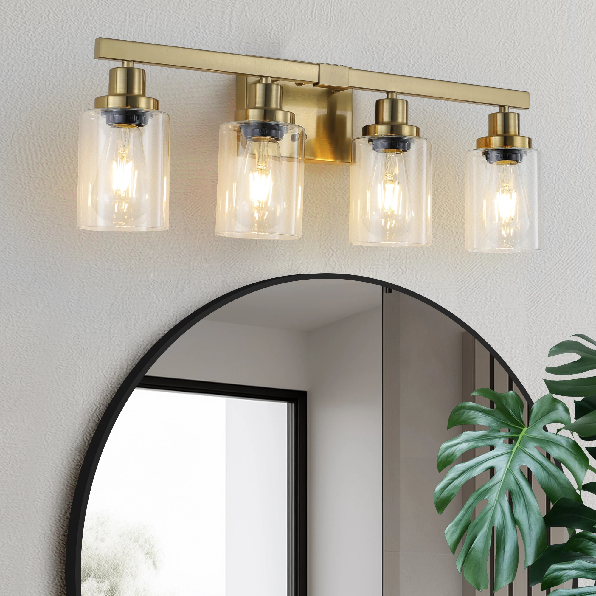 

4 Lights Gold Bathroom Vanity Mirror Wall Sconce with Glass Shade Mirror Front Lights Minimalist Style for Bedroom Dressing Room