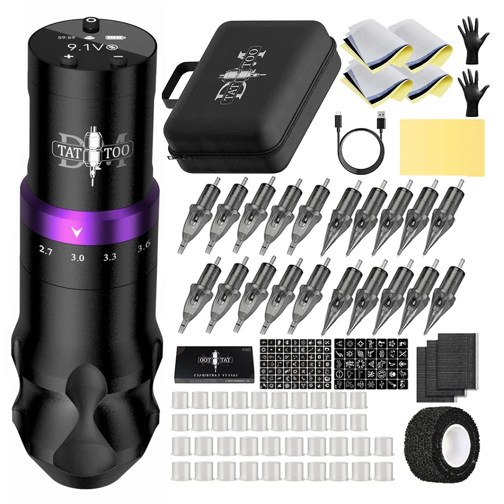 DM Gorilla Professional Wireless Pen Tattoo Machine Kit Adjustable Stroke 2.4mm-4.2mm Tattoo Pen  With Cartridges For Body Art