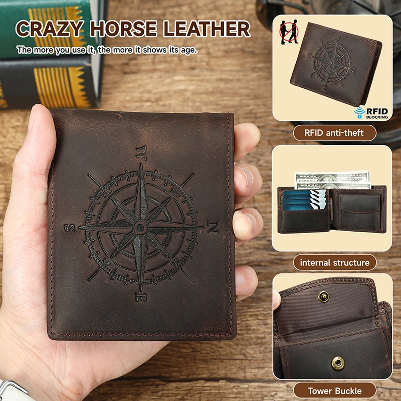 Vintage Men Genuine Short Wallet Money Pouch Multi-functional Anti-theft ID Window Crazy Horse Leather Coin Cash Pocket Mens