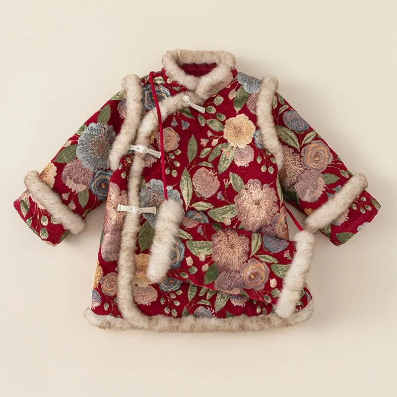 

2Piece Sets Winter Chinese New Year Dress Girl Embroidery Flowers Fleece Warm Thick Red Baby Dresses+Bag 2026 Kids Clothing B354