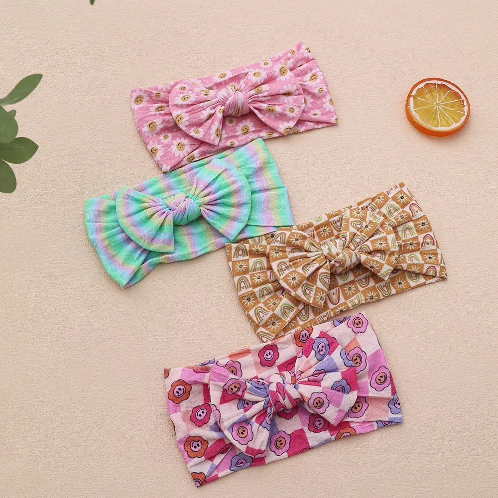 Colorful Nylon Headband Baby Plaid Print Bowknot Hairband Kids Girls Bows Elastic Protect Turban Headwear Kids Hair Accessories