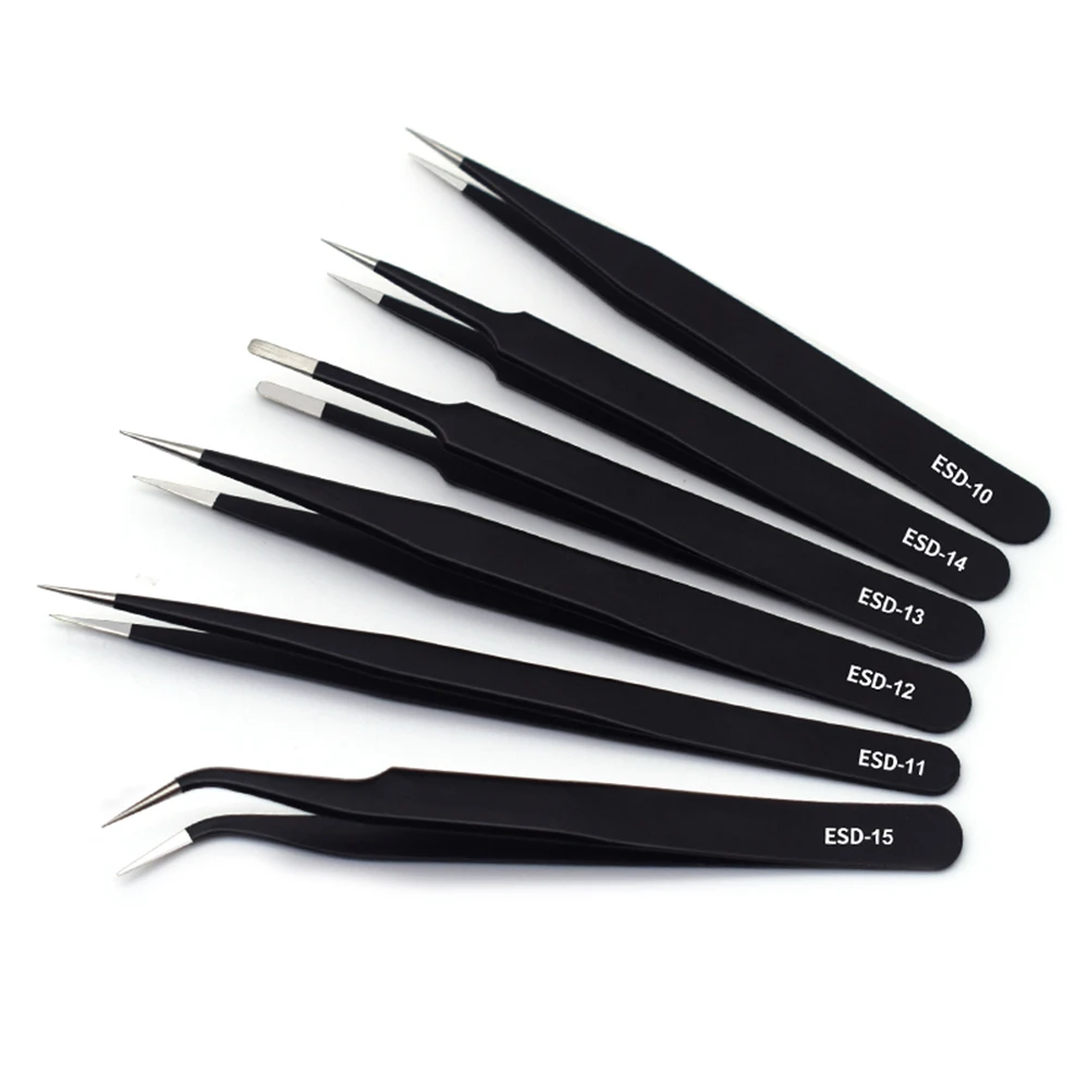 Stainless Steel Anti-Static Tweezers  ESD-11 Pointed 15 Elbow for Electronic Repair Precision Parts Grip Hand Model Making Tools