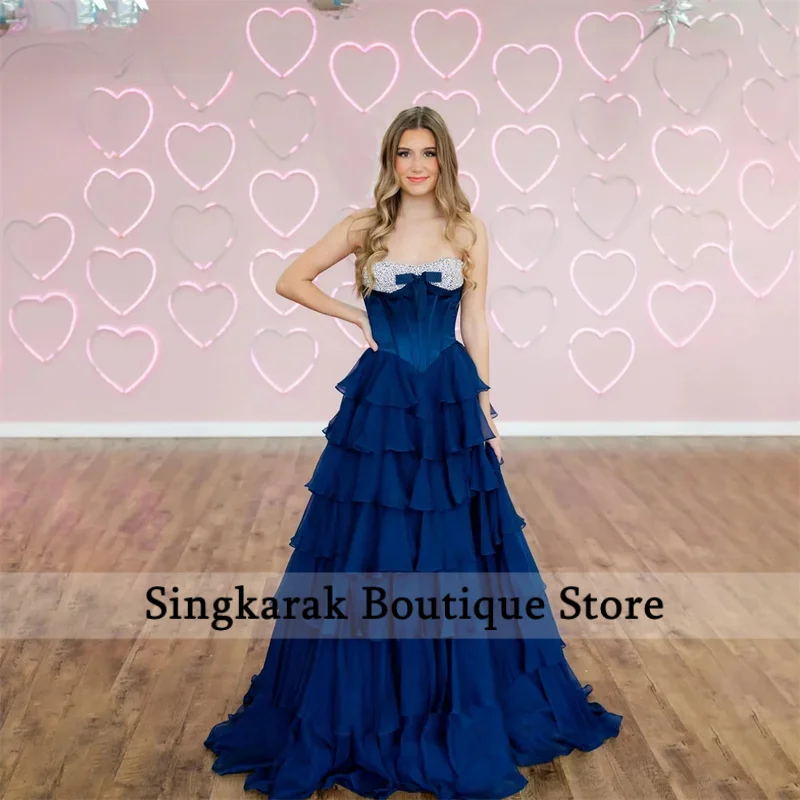 Navy Blue Prom Dresses Strapless Evening Dress with Bow A Line Party Dresses Layered Tulle vestidos de fiesta Customized
