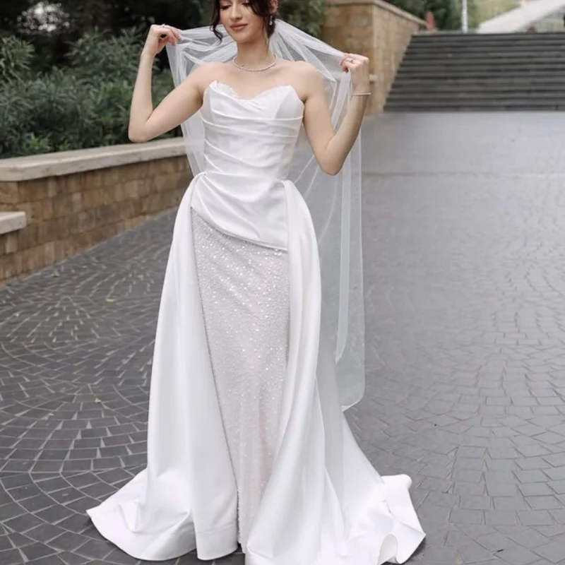 

White ivory Appliques Lace layering Wedding Dresses off-shoulder glitter fishtail Bridal Gowns Made Customized