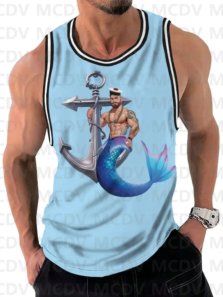 Men's Gay Light Blue Merman Anchor Sexy Art Print Tank Top 3D Printed Tank Tops Men Summer Tops