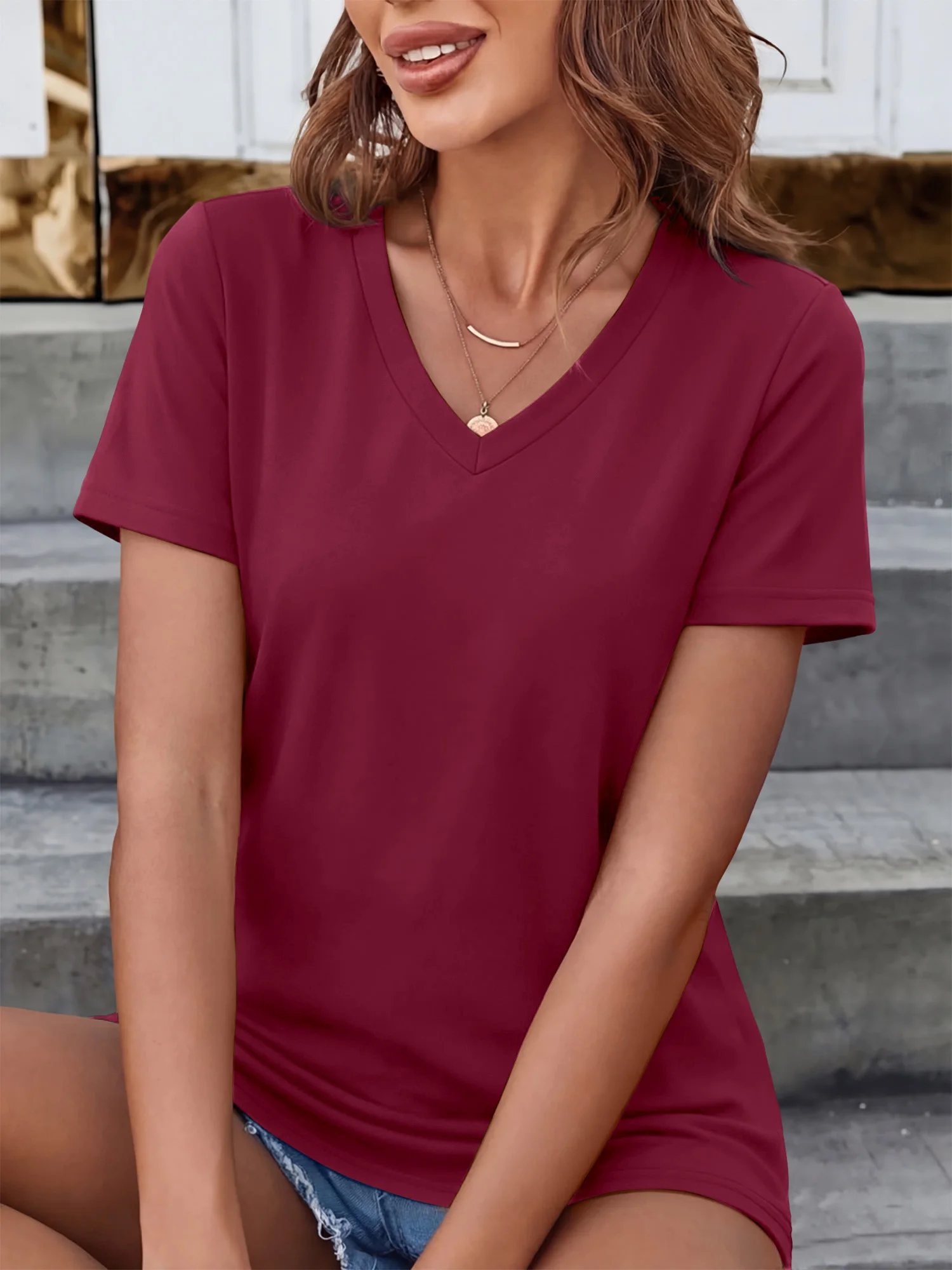 Smart Casual V-Neck Short Sleeve Tee, Relax Fit Basic Blouse for Casual Office Days & Light Commutes