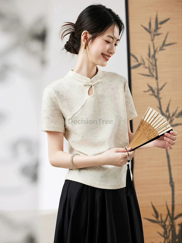 

Summer new Style top Slim chinese style plate buckle standing collar short sleeveop for women qipao blouse 3 colors