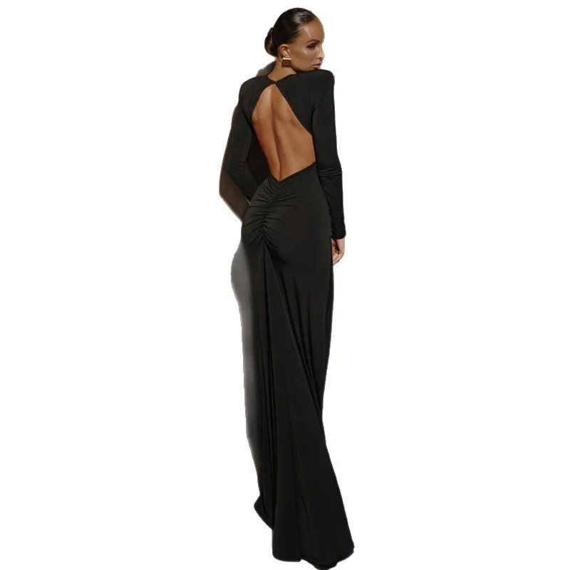 여성용 가을 겨울 신상 크로스보더 패션 단색 라운드넥 섹시 백리스 플리츠 슬림핏 바디콘 드레스