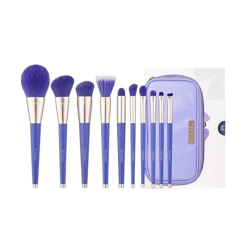 Set di pennelli per trucco Yuan blu e viola: 10 pennelli per ombretto, pennelli per fard a punti, pennelli per contorni in polvere sciolta