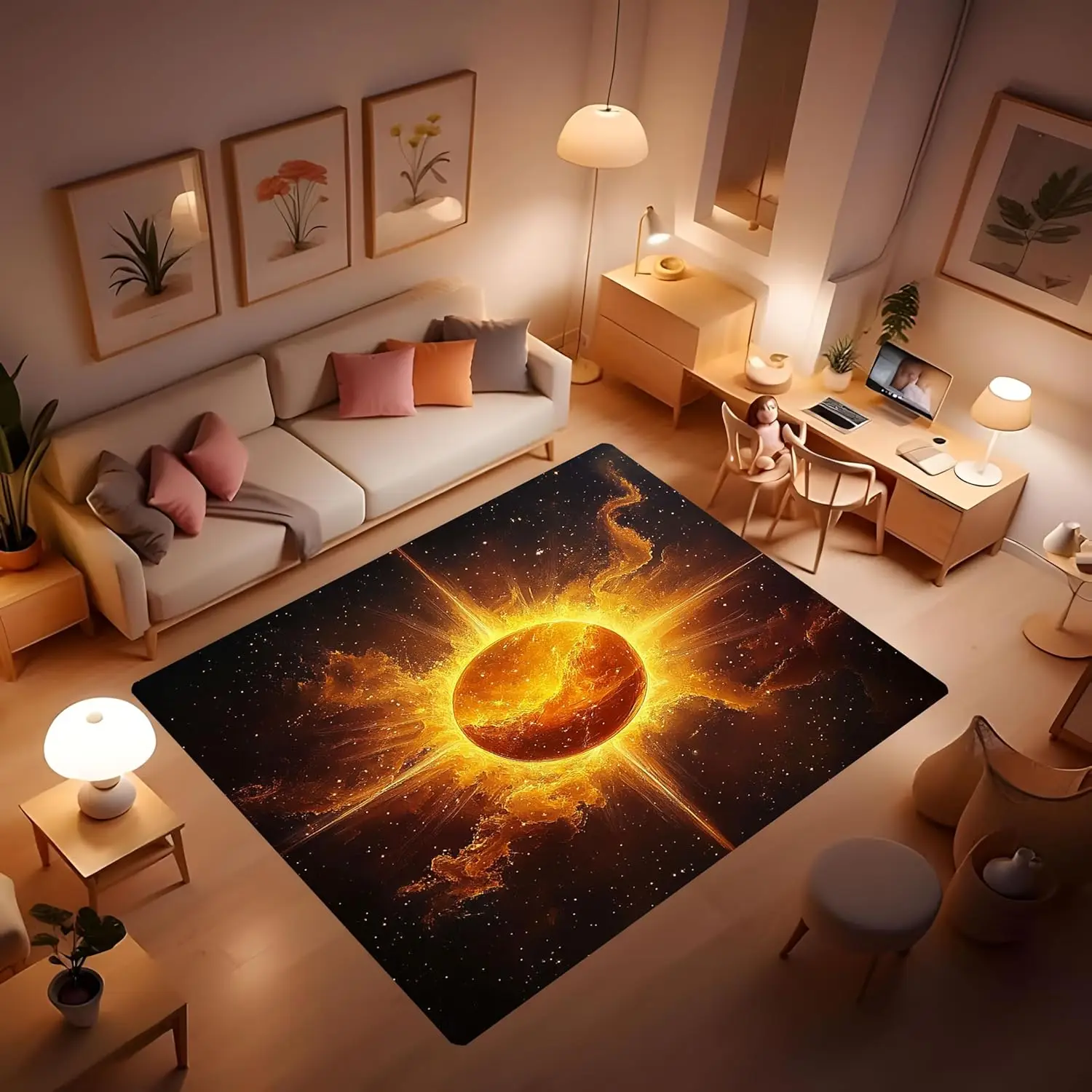 Artistic Sun Area Rug, Non-Slip Backing is Suitable for Living Room and Bedroom. Art Home Decoration, Blue and Orange