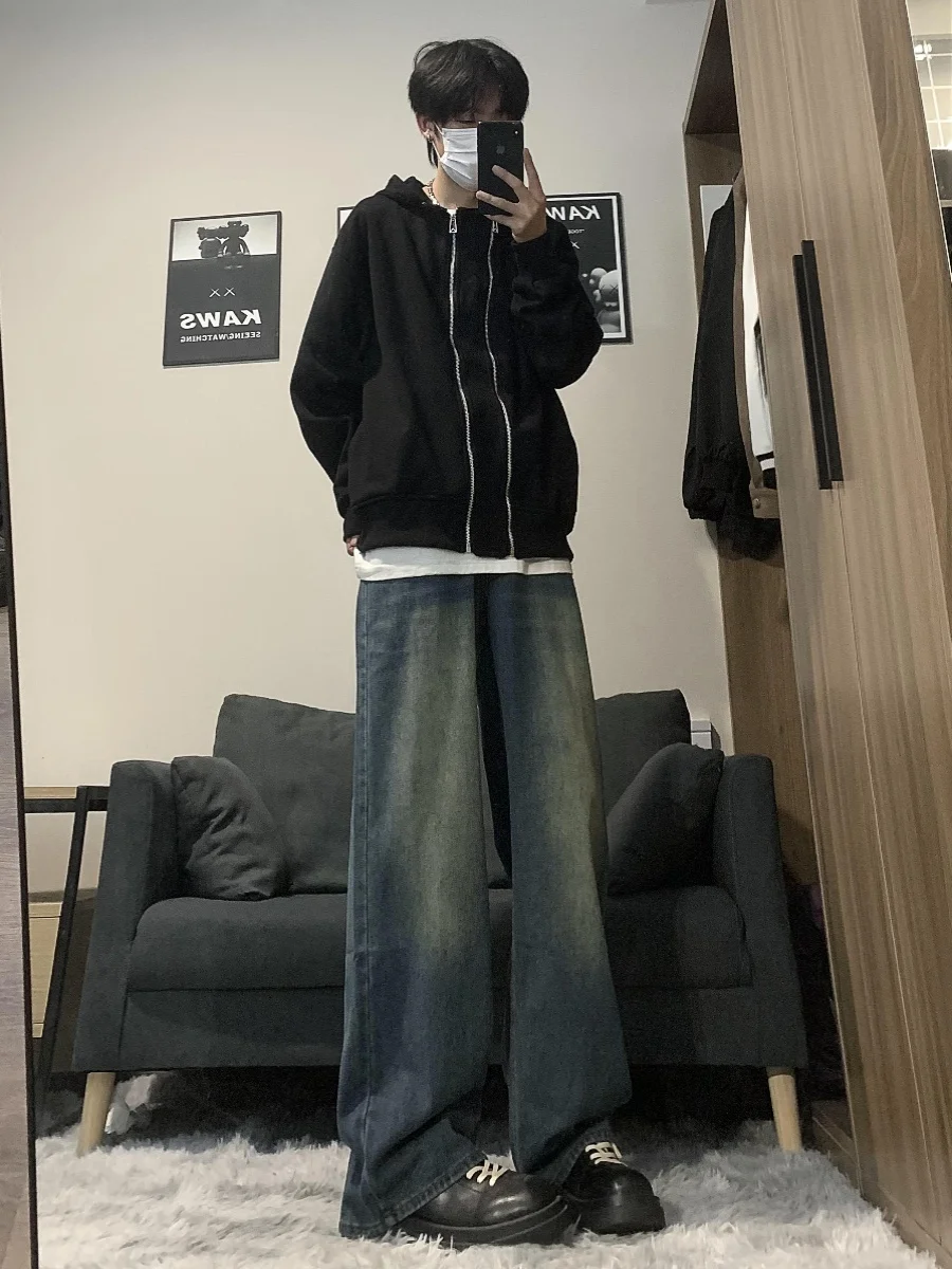 

Retro Deep Blue Men's Jeans Loose Straight American Sle Spring Autumn Oversize Trousers Wear Resistant High Waist Long Pants