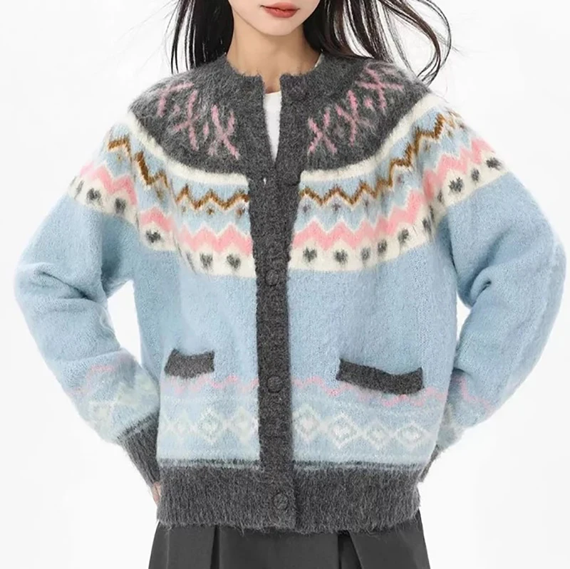 الأزرق الجاكار سترة مشغولة من الصوف المرأة الحلو كم طويل س الرقبة كسول الرياح سترة خمر خريف شتاء فضفاض عادية زر بلوزات جديدة #3