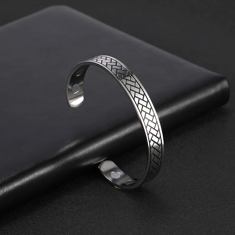 Stainless Steel Magnetic Therapy Energy Cuff Bangle Engraving Geometric Pattern Health Care Amulet Bracelets for Women Men