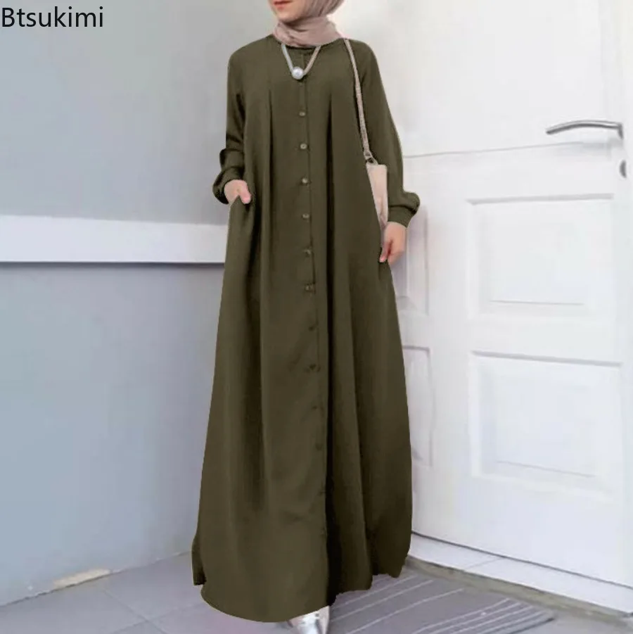 2024Spring Autumn Maxi Long Dress Women Muslim Long Sleeve Dress Loose Casual Dresses Vintage Hijab Islamic Clothing Caftan Robe