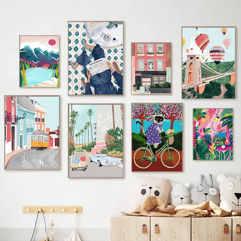 Paisaje pintado de verano, arte de pared, calle, piscina, árboles verdes, pintura en lienzo, sala de estar, jardín, dormitorio, decoración moderna, póster